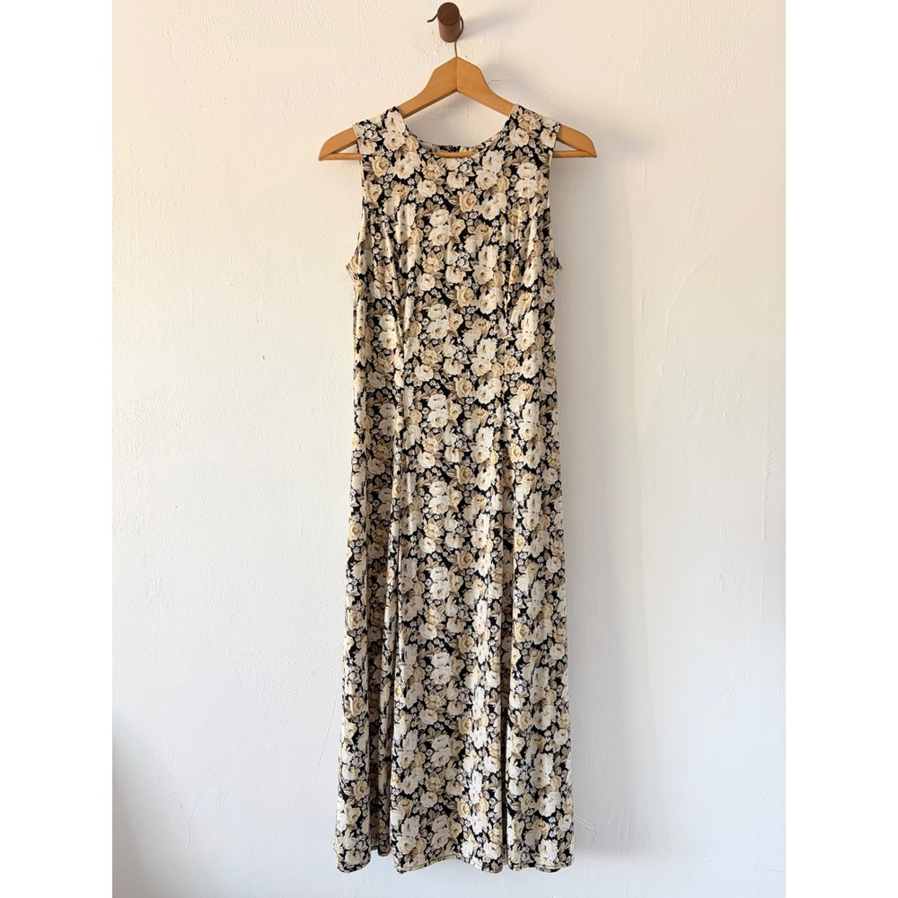 Vintage Molly Malloy Dress Womens 6 Black Cream Floral Maxi Tie Back Sleeveless